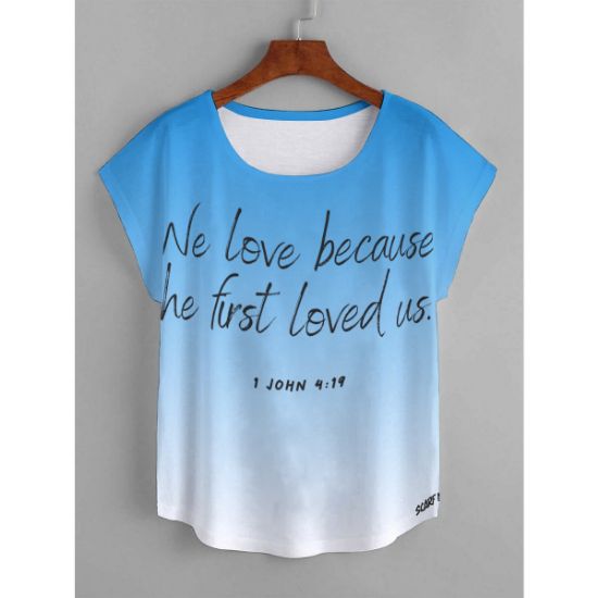 Picture of Women's Curved Hem T-shirt (Plus Size) - 1 John 4:19